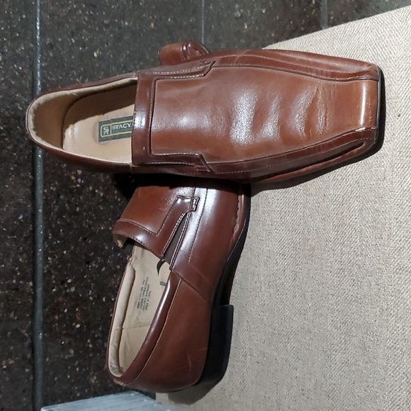 MENS DRESSY STACY ADAMS BROWN LEATHER SLIP ON SQUARE TOE LOAFERS SIZE 10 - Picture 1 of 11